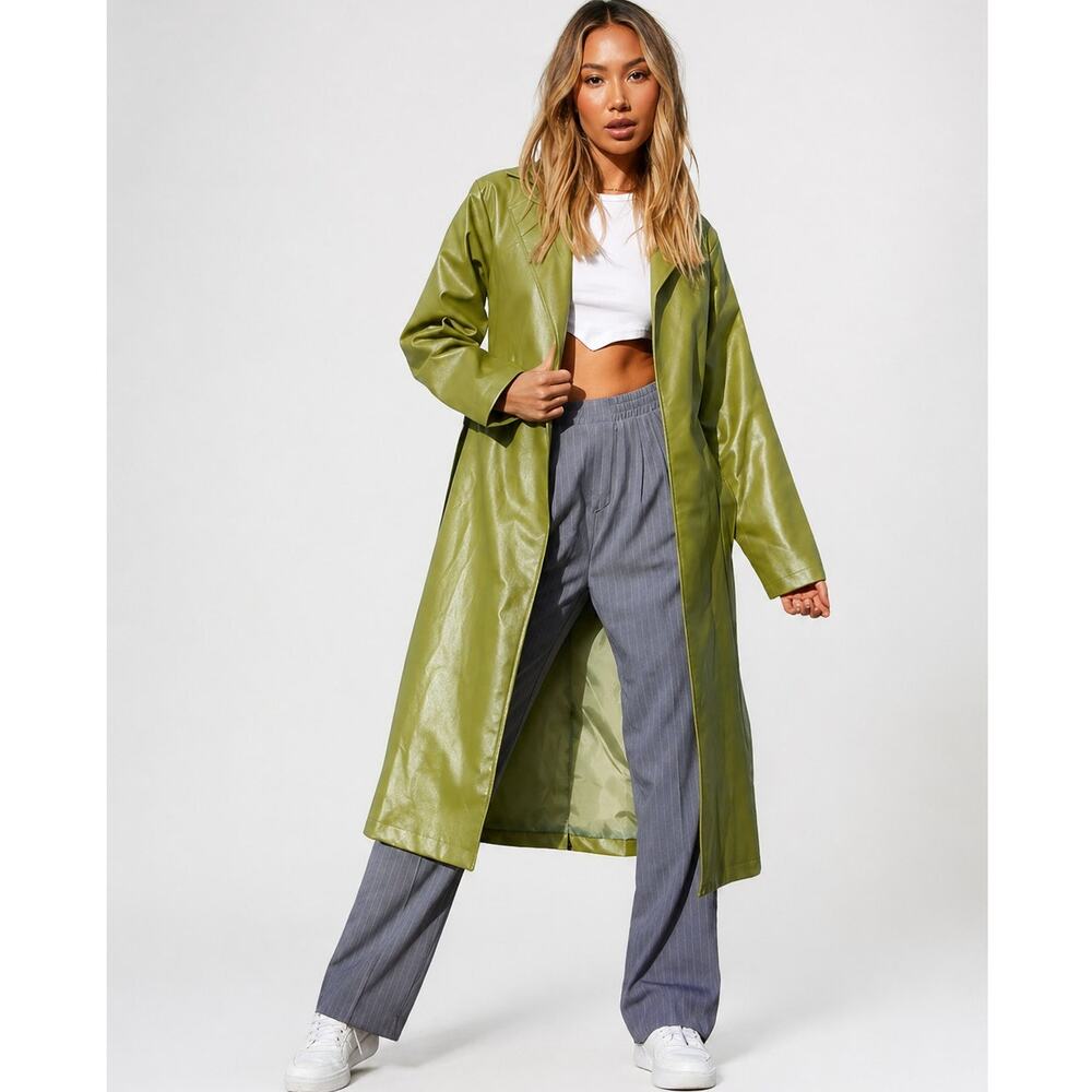 Chouyatou Green Casual Lapel Open Faux Leather Long Trench Coat w/ Belt Small